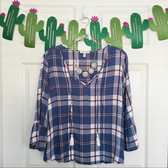 Como Blu Airy Plaid Bell Sleeve Peasant Blouse - Picture 2 of 10